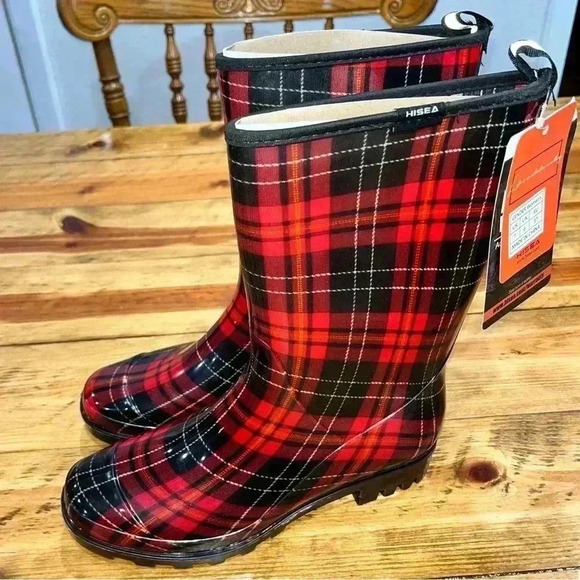 Hisea NWT womens rain/ gardening waterproof boots plaid with lifetime warranty - Picture 3 of 10